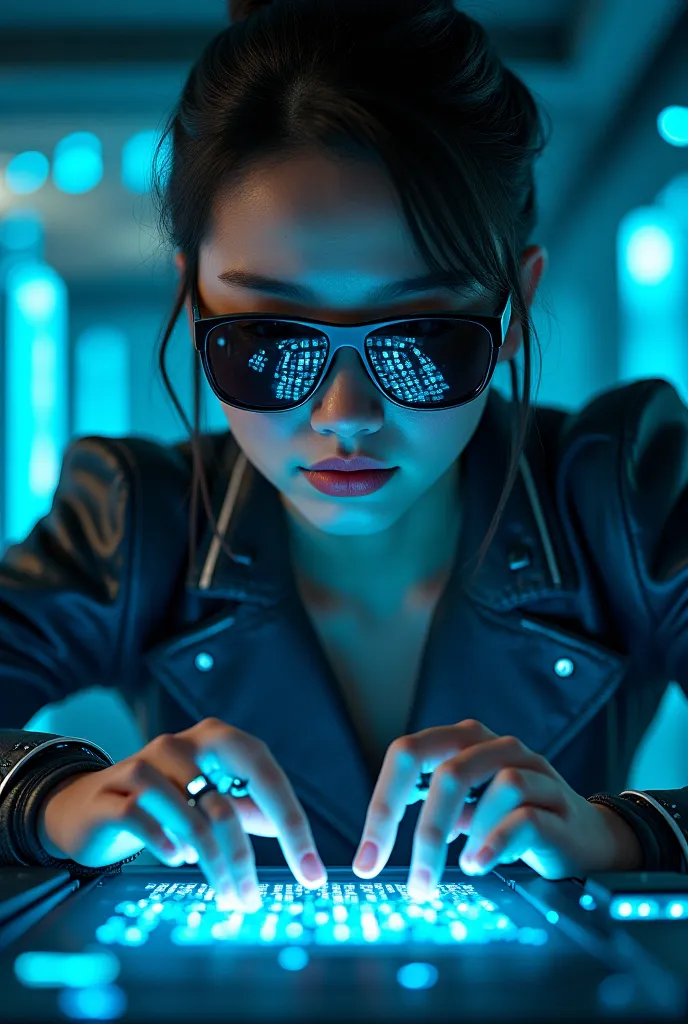 The model is wearing sunglasses with and fingering the computer code