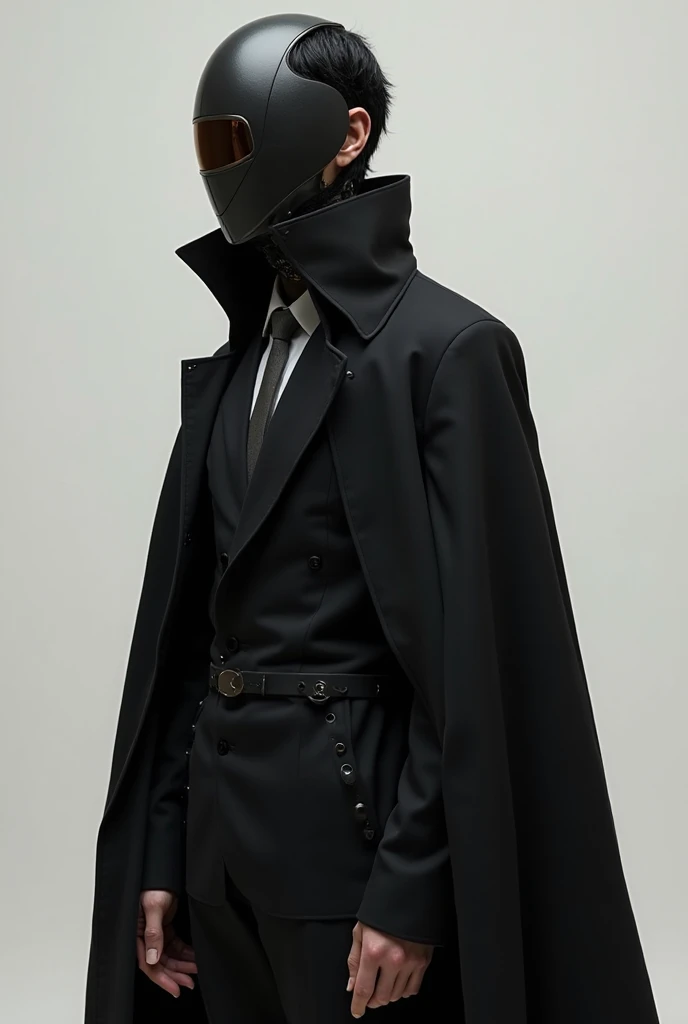 A man who wears a black suit, wears a long black coat over his shoulders, and has a standard body shape with a mask that covers all of his face, but the mask feels like he's wearing a helmet, and has short black hair