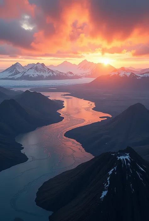 (A breathtaking aerial view of Iceland, showcasing its diverse landscape with towering volcanoes, massive glaciers, and winding rivers. The sky is painted in shades of orange and pink as the sun sets, casting a golden glow over the rugged terrain.
