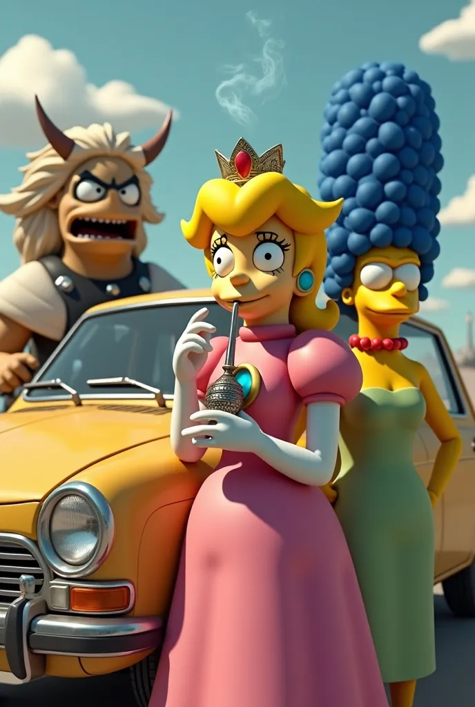 Fait une image de peach fumant une chicha narguilé avec marge et la valkiry de clash royal en full face dans une clio 2