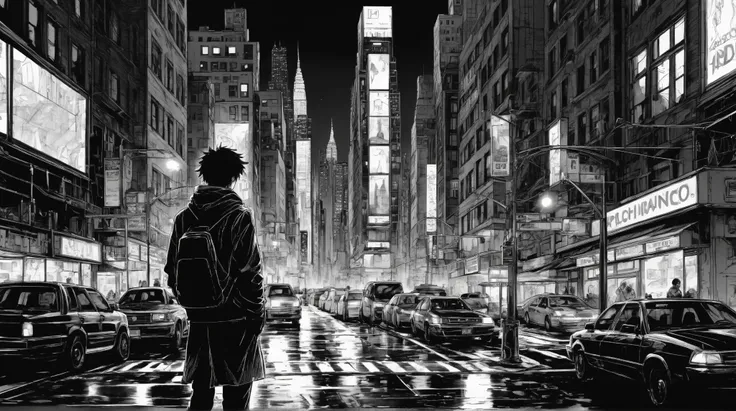 Anime line art, by Naoki Urasawa, Manhattan, sketch, best quality, masterpiece, very aesthetic, perfect composition, intricate details, ultra-detailed, B&W