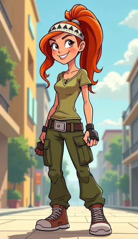 2d cartoon character cute Kim Possible. 3/4 view angle. Kim possible cartoon style. she is wearing a bandana with a triangle shaped on her hair and cargo pants and long shirt.