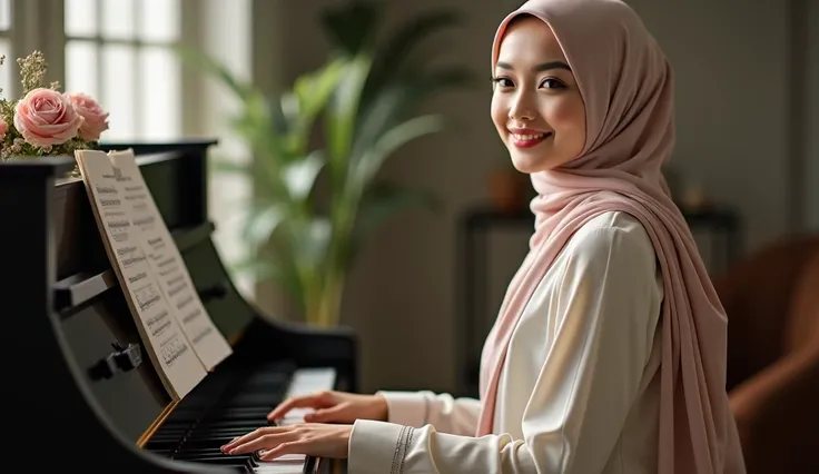 Beautiful Asian woman wearing hijab while playing piano, and she smiles while facing the camera