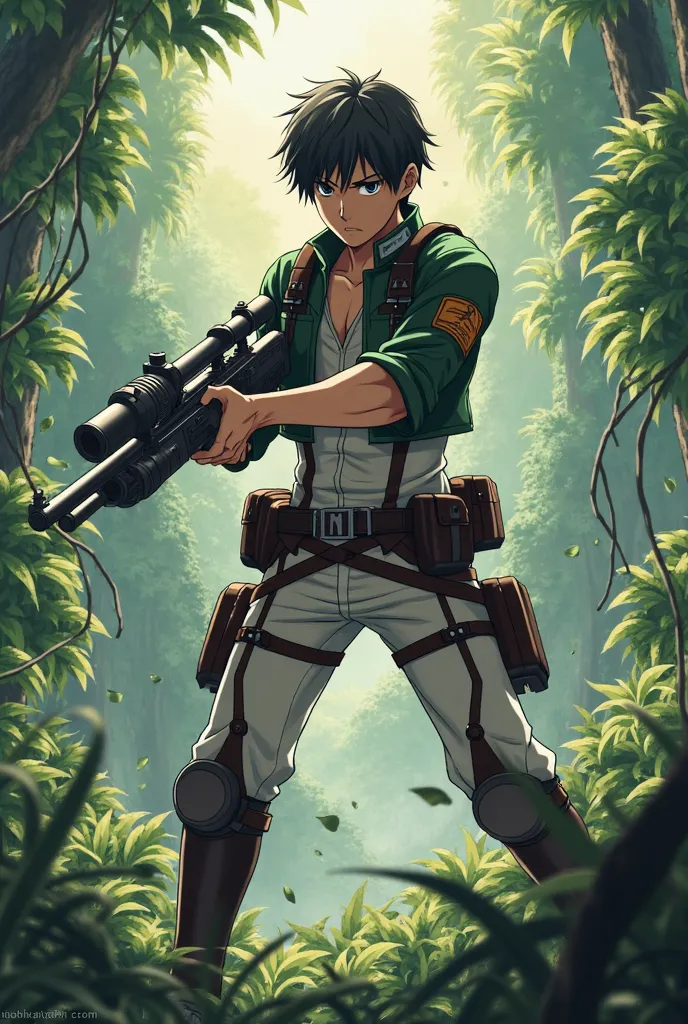 Eren Jeager (Aot uniform) in the jungle armed with a gun while shooting enemies, anime style