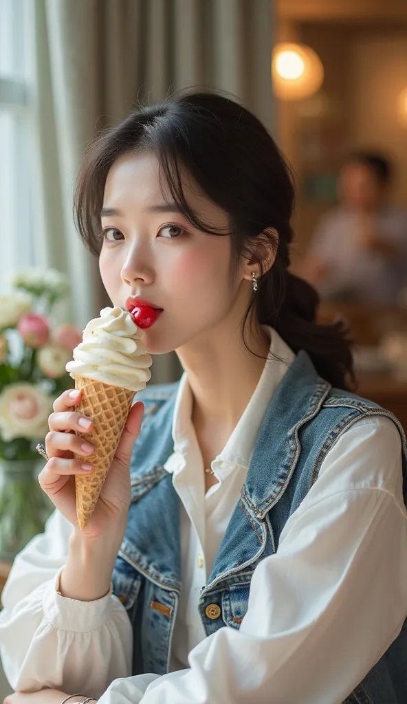 A beautiful Korean woman wearing a white long-sleeved shirt with a ripped jeans vest, enjoying a glass of ice cream with a red pearl on top, sitting at a table at an ice cream shop.