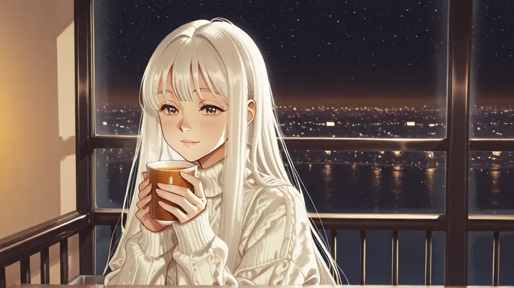 A young girl with white hair stands on a small balcony at night, gazing at the starry sky. She wears an oversized sweater, her long hair flowing gently in the evening breeze. The city lights twinkle in the distance, and a warm glow from the nearby window s...