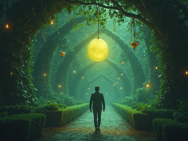 A person walking through a luxurious garden, eyes fixed on a glowing, forbidden fruit hanging from a tree, with a look of longing and temptation.