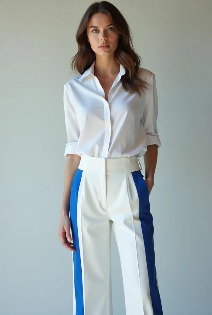 V-neck shirts tucked neatly into long white trousers that were adorned with blue stripes along the sides