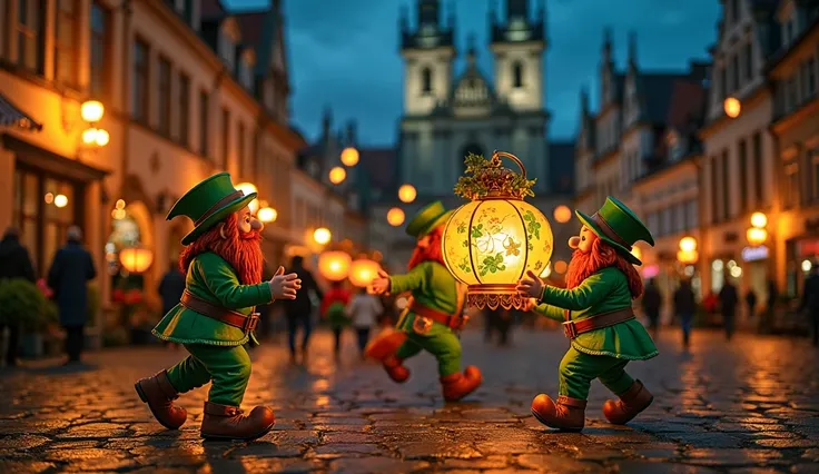 Multiple dancing leprechauns、night、ancient European city square、lantern
