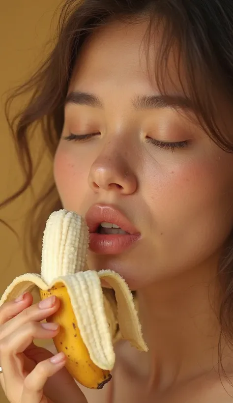 A beautiful young woman with soft, radiant skin, holding a half-peeled banana in her hand. She is gently sucking on the exposed part of the banana with her lips, her eyes closed in concentration. The peeled section of the banana rests against her cheek, wi...