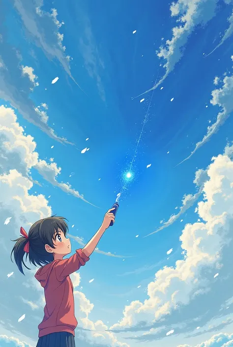 gray sky drawn with crayons An anime girl starts drawing blue sky directly into the sky with a sky blue crayon in her hand。the girl's crayon makes the gray sky blue in the blink of an eye々I'm going to change it to sky blue。Refreshing blue sky drawn with cr...