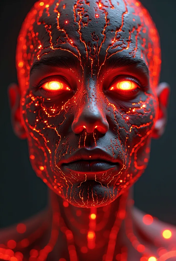 a close up of a person with a glowing face and body,  bright red veins, fractal veins. cyborg, red bright veins, bright veins, bright bright veins, brilliant human,  tomasz alen kopera e cgsociety , melted cyborg,  inspired by Mike Winkelmann , woman made ...