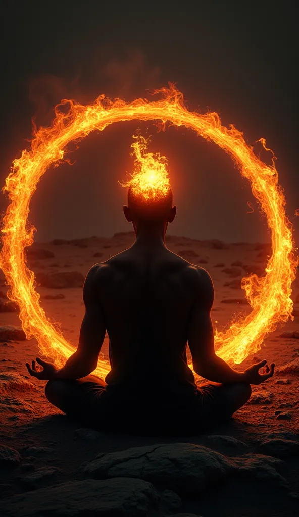 A silhouetted figure sits in a meditative pose on a barren, rocky surface. The figure's head glows with an internal light, and a dynamic ring of fire surrounds them.detailed silhouetted figure,person meditating,glowing internal light,dynamic ring of fire,b...