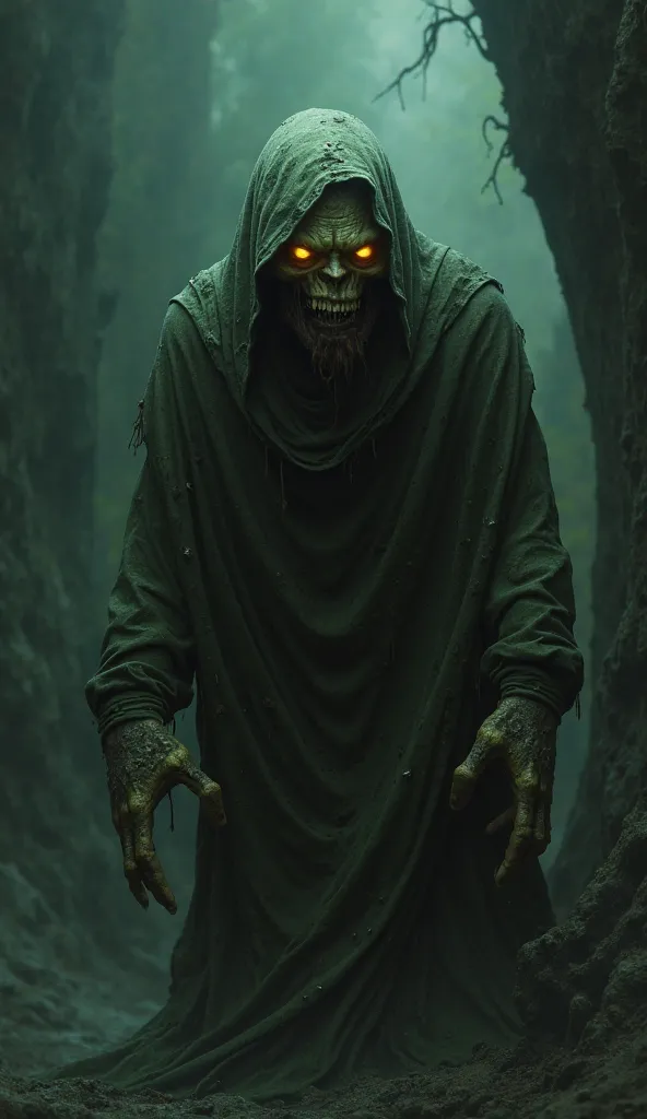 Horribly deformed man, with greenish skin and warts. Wears loose hooded clothing to hide his features, but his yellow eyes glow in the dark, dark BACKGROUD 