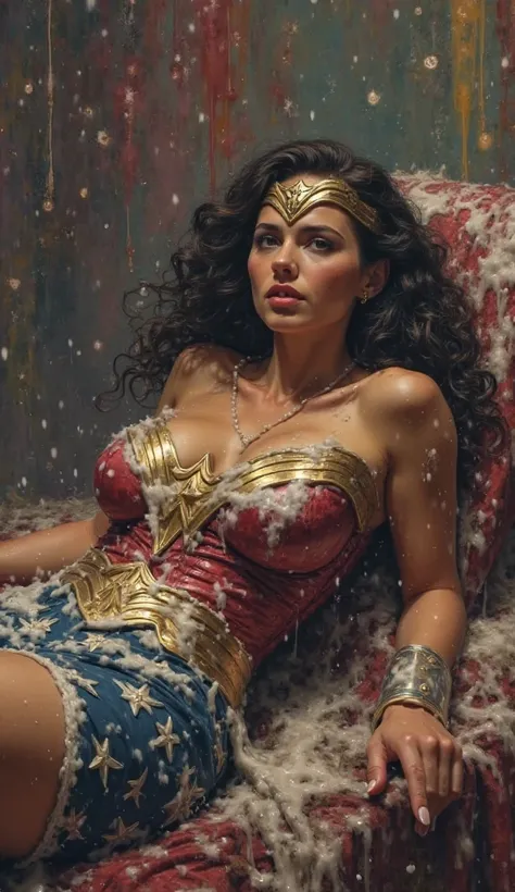 Huge Breasts wonder woman laying on a table,  wide hips, Thanos grabbed her back, wonder woman Looking at the viewer with mouth open., Congressman hung  upside down, inside a spaceship, wonder woman face is ful of  milk spread on her face and breasts