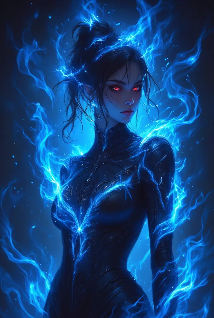 Blue Flameに包まれた Fire Spirit , Fire Spirit ,blue Flame, black costume,red eyes,Beautiful Girl Figure, Graceful Behavior,detailed, creative composition , attractive look,is a monster with a powerful posture,Mysterious Atmosphere,4K Rendering,super realistic,...