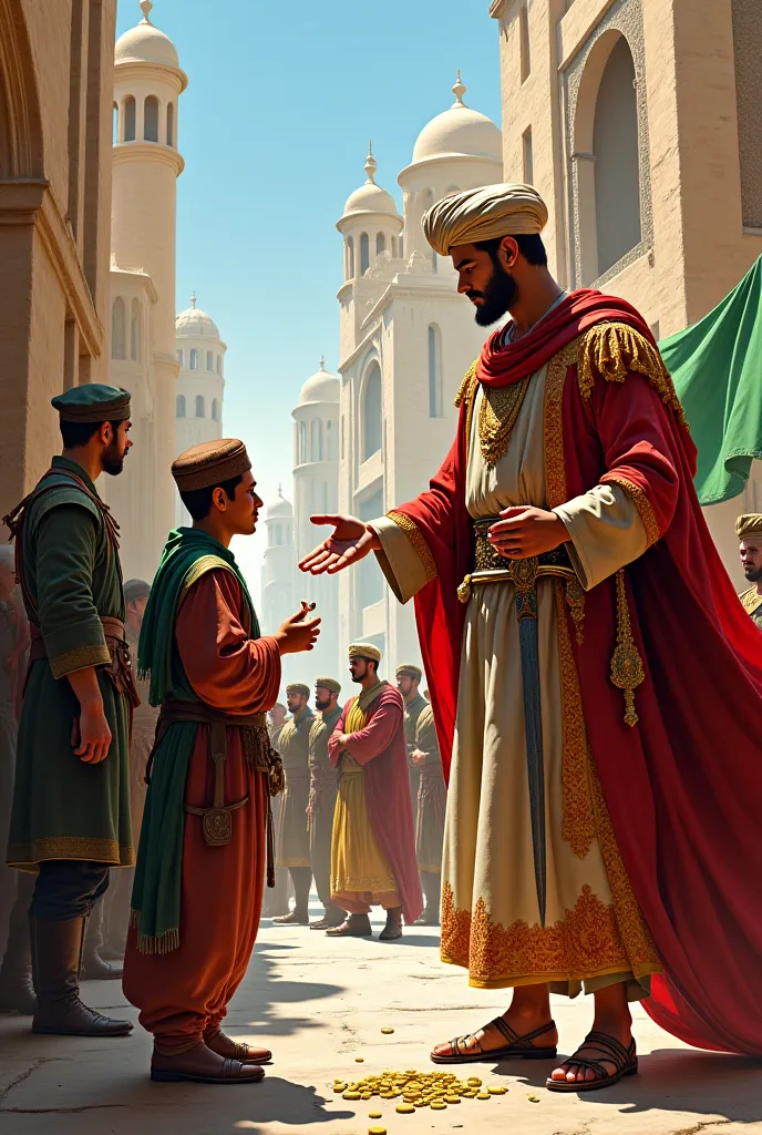 On the streets of Cairo, the Sultan offers his chef and the gold money he owns. The people are in shock and behind him are his soldiers and green flags. The Sultan holds a sword and money in his hand