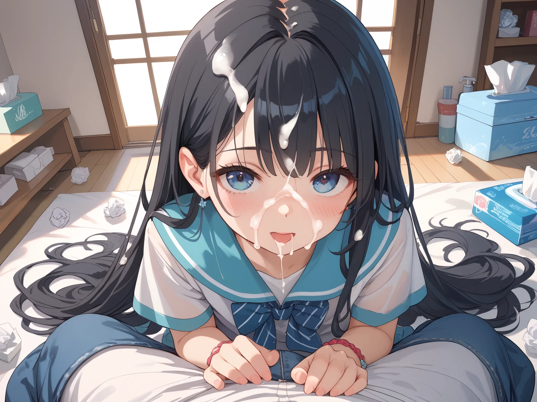 long hair,wave long black hair,master piece,best quality,ultra detailed,  highres,wave hair,Japanese woman with long black hair,masterpiece、Highest quality、 Western-style room、used tissue, tissue box,cum on clothes,cum on head,cum on faceFacial,  bukkake