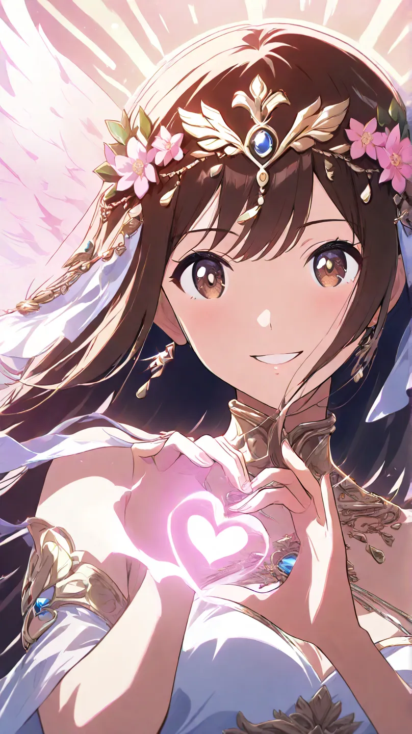 high quality　best image quality　Super Detail　high quality　4k 8k white dancer 　long brown hair　  pink flower hair ornament  　 medium breasts　 anime style　 　  smile face　Heart Sign