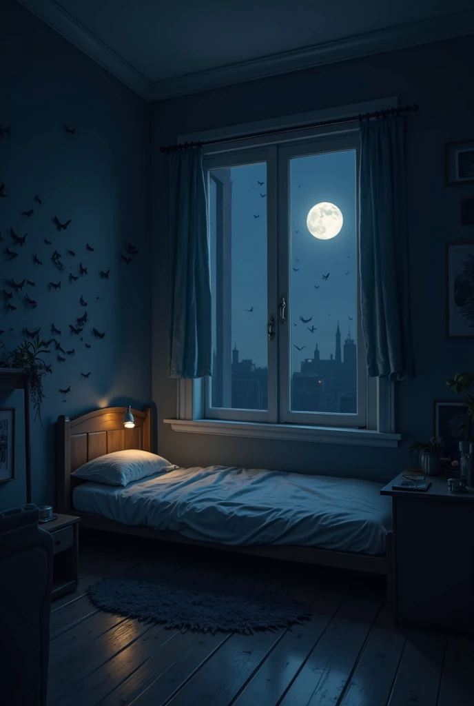 "Liam’s bedroom at night, dimly lit by a small nightlight. The moon casts a pale glow through the window, and shadows stretch across the walls. The atmosphere is mysterious yet not overly frightening, with soft blue and gray tones filling the room."