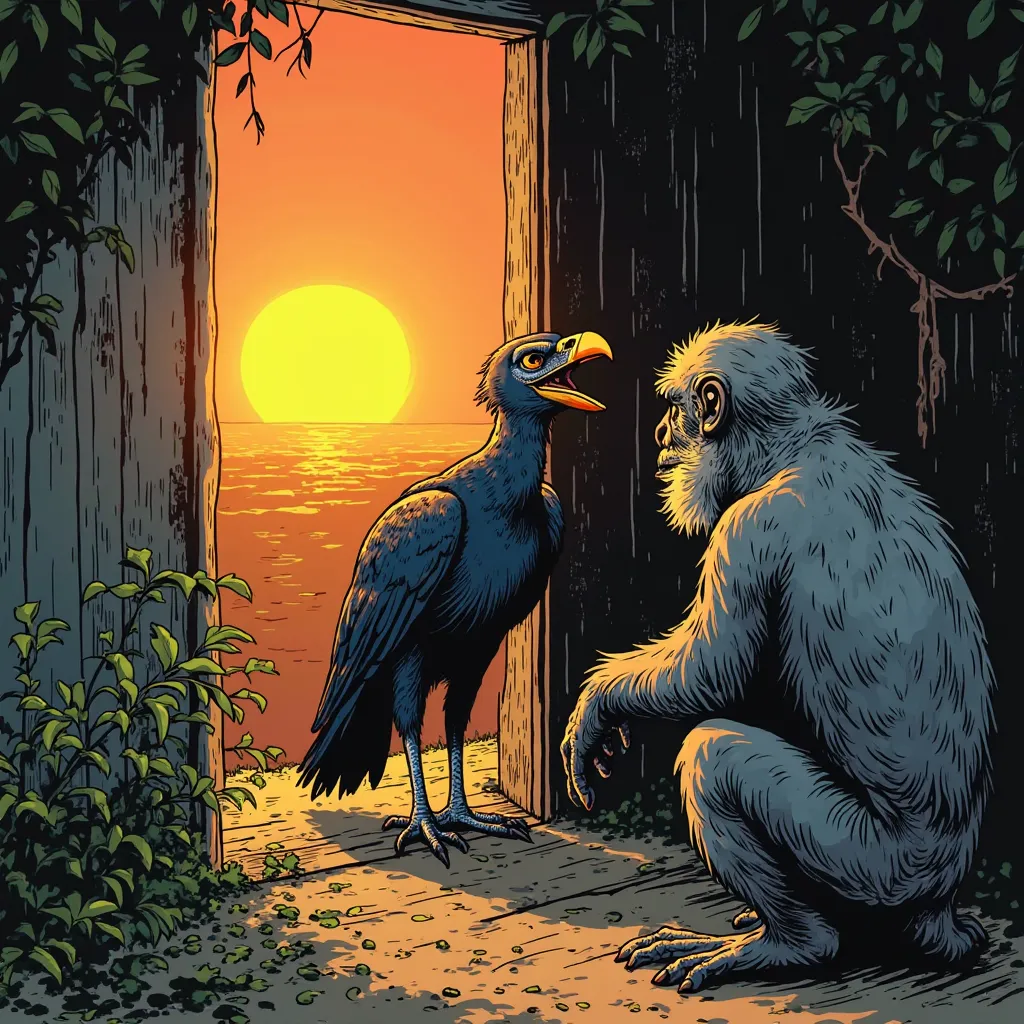 "The vulture knocking on the monkey's door at dawn, falsely smiling and waiting for an answer,  with the sun rising in the background ." In comic book style

