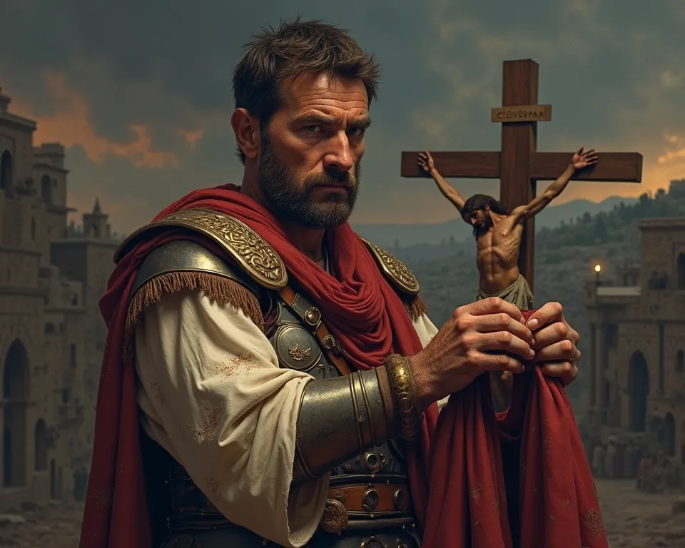 A picture of a Roman soldier in 33 AD holding torn clothes with a cross on which Christ hangs 