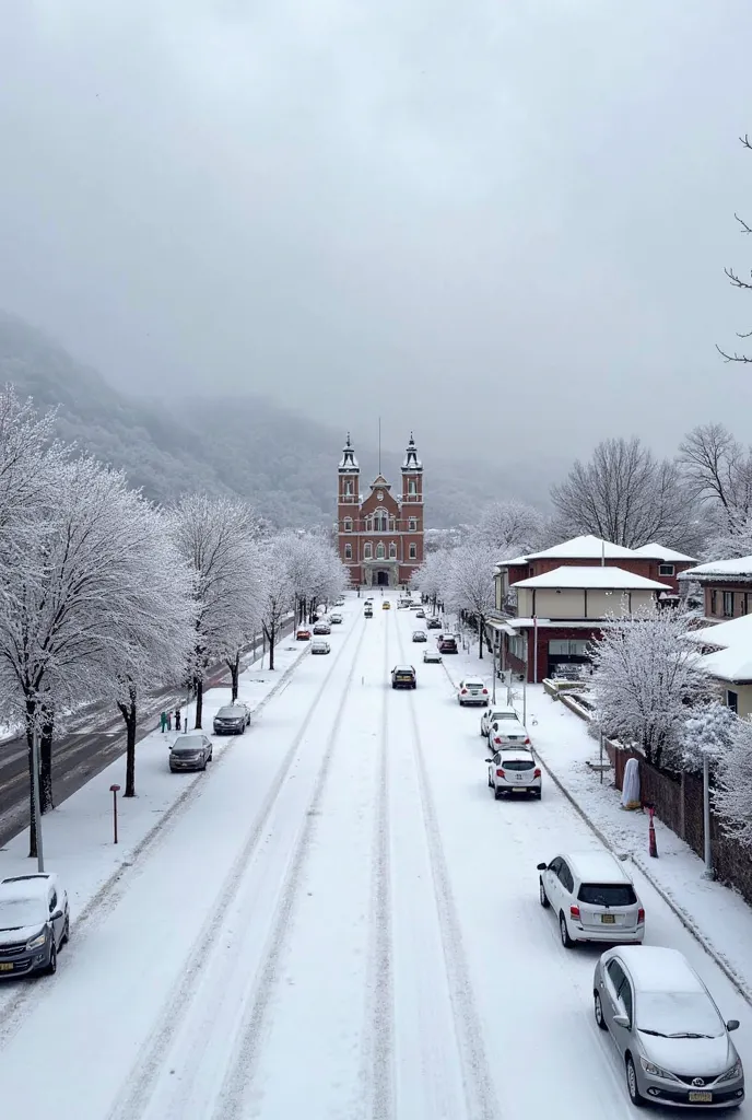 A winter view of the city of Naranjito, Ecuador, completely covered with snow. the streets, houses and trees are covered with a thick layer of white snow. You can see some vehicles and sheltered people walking, surprised by the unusual snowfall in this tro...