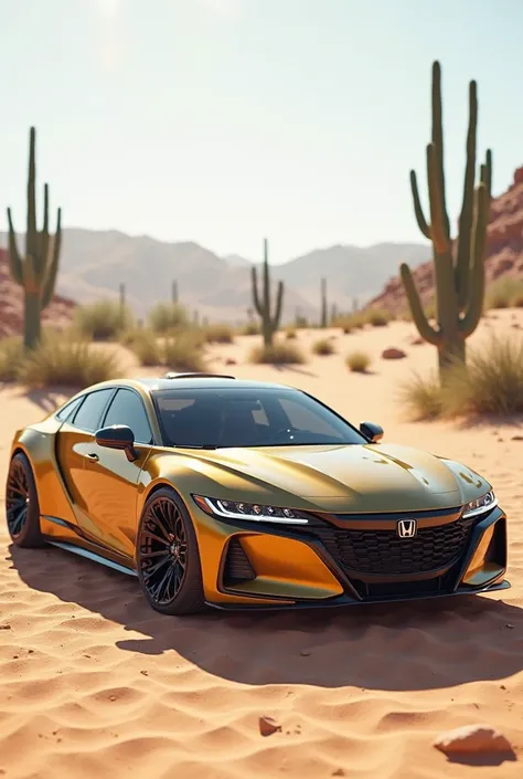 , futuristic sports sedan named Honda Accord parked in a desert landscape with cacti in the background. The car has a low stance, aerodynamic curves, and a metallic gold exterior. Sharp LED headlights with a modern grille design featuring the Honda logo, a...