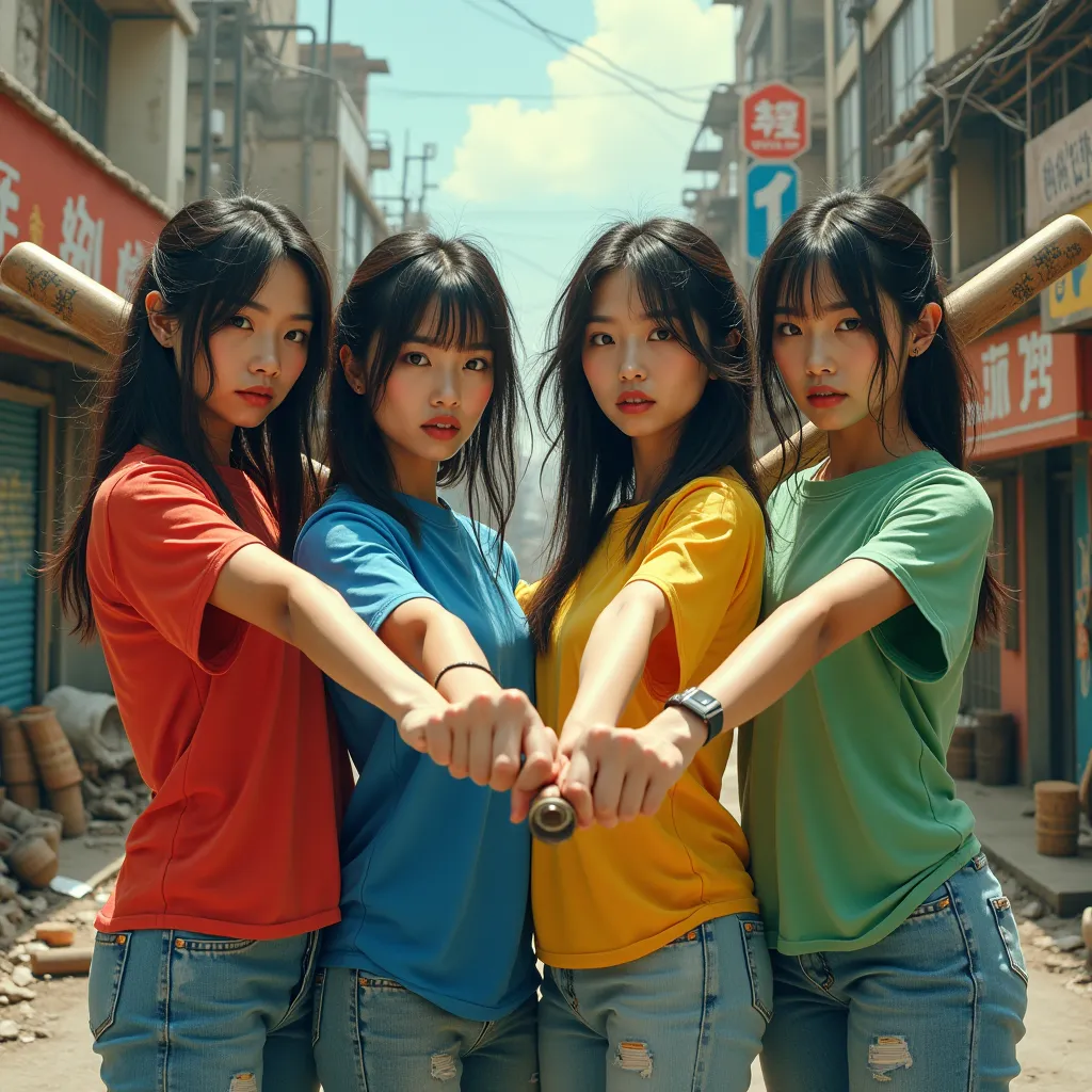 four Asian womans,messy hair,wearing a red blue yellow green t shrt,short and shoes.together standing standing and holdings a naseball stick on the messy city.high realistic