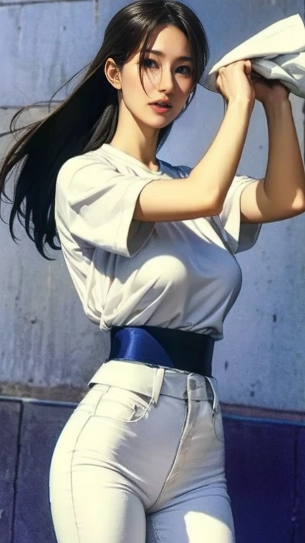  white t-shirt、 Blue Jeans 、long legs、black hair fluttering in the wind、glamorous、has bandages wrapped around both hands、Take a martial arts stance、Rin々expression、thin waist、Female karate artist