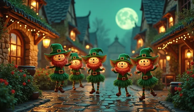 10 dancing leprechauns、night、ancient European village square、lantern
