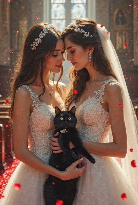 Deux femmes,A brunette with long hair ,blue eyes ,Both dressed in a wedding dress,l une a cote de l'autre se tenant la main ,A shower of red petals ,In a church ,and who are holding a black cat with a ring attached to the neck 