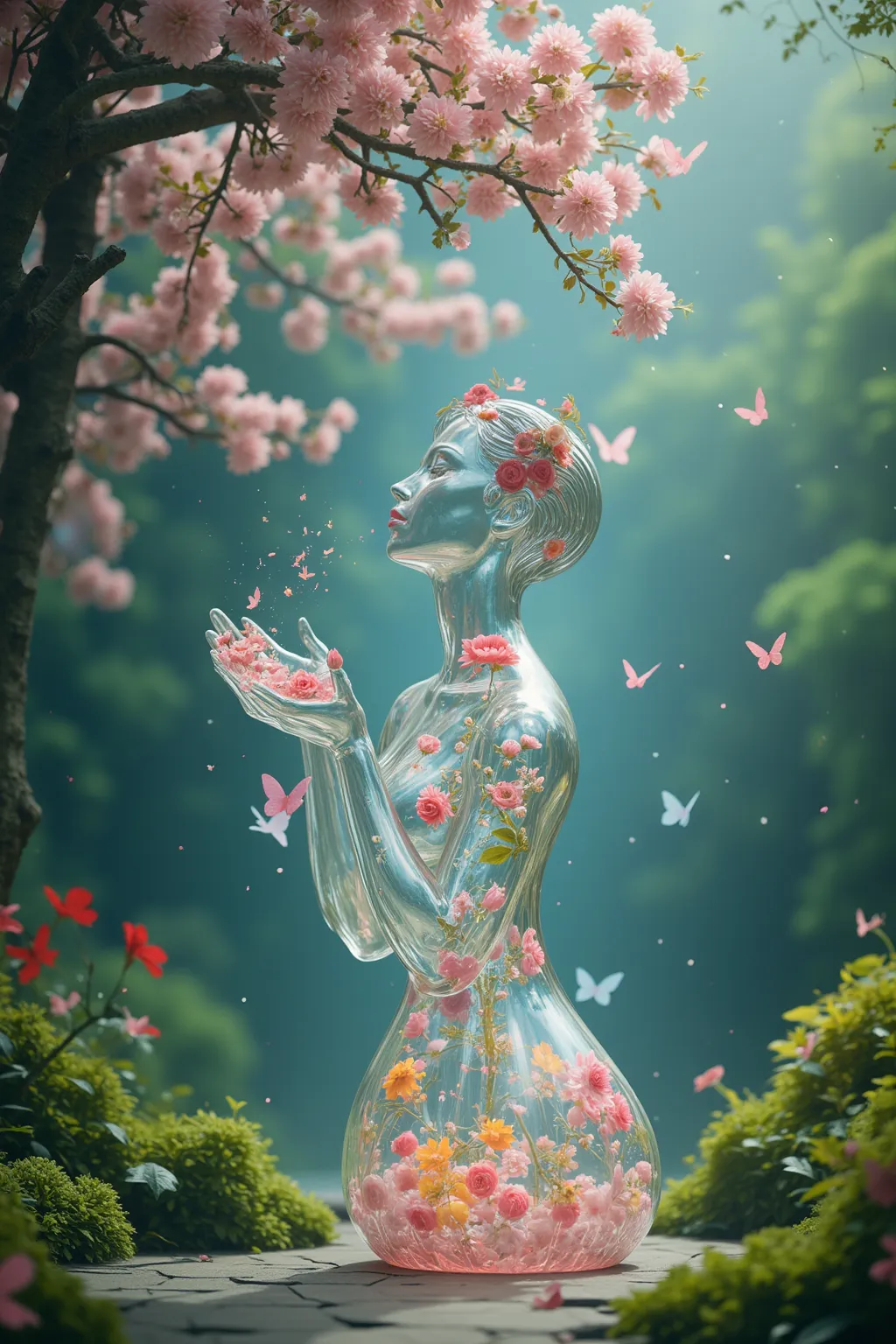 Create a surreal scene featuring a transparent female figure crafted from real glass, elegantly filled with vibrant, blooming flowers. This enchanting figure is gracefully intertwined with a cherry tree, which appears to bloom with ethereal light, casting ...