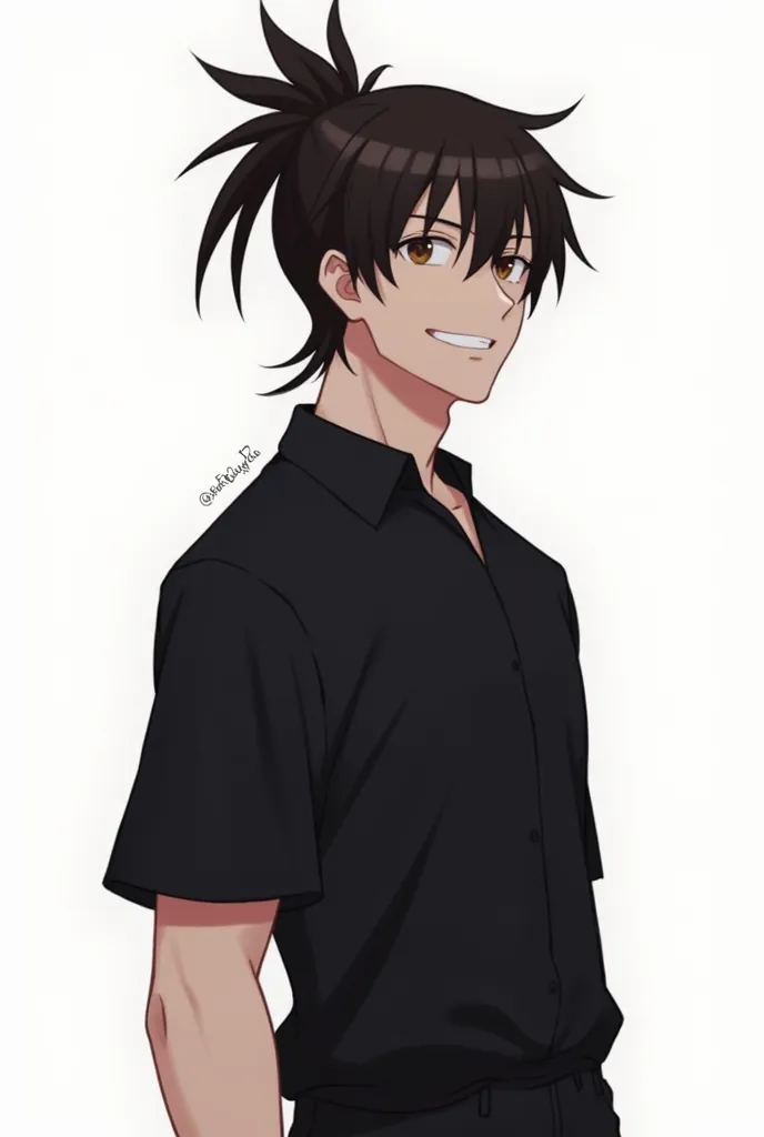 Portrait of Suguru geto, (Masterpiece, best quality:1.2), hair tied high and dropped a little long behind, brown eyes with one eyelid, Smiling mouth, Alone,  white background, focused on men, 1 boy, men's muscle roll, insensitive,   Black shirt , Short Sle...