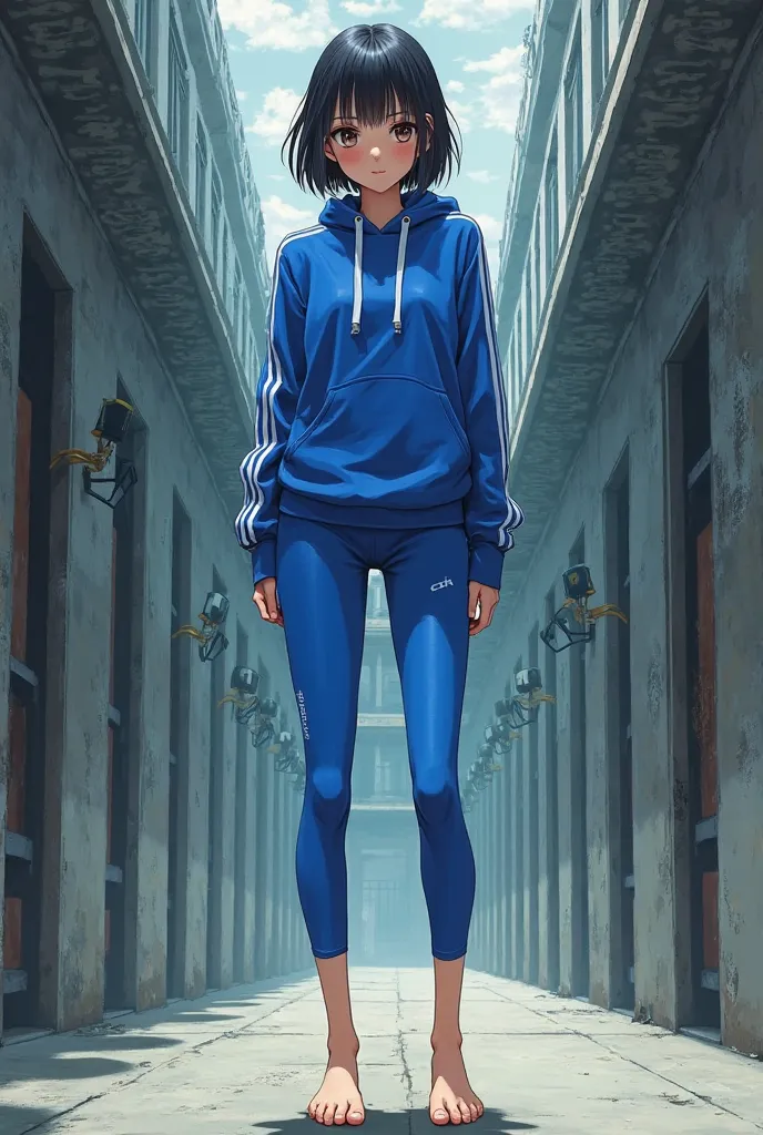 A tall and beautiful anime girl wear blue leggings and sports jersey, barefoot, bob hair cut, background is prison, black eyes