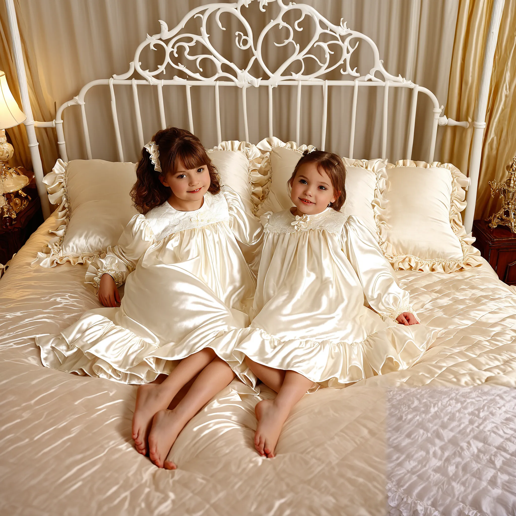 A young girl on the bed,(((short body height:1.2))),(((early age girl:1.2)))),(((cute baby face:1.1))),white plump quilted silk satin nightgown with frills and ribbons,long skirt,long sleeves,frilled sleeves,a bed with a mountain of silk satin pillows,(((t...