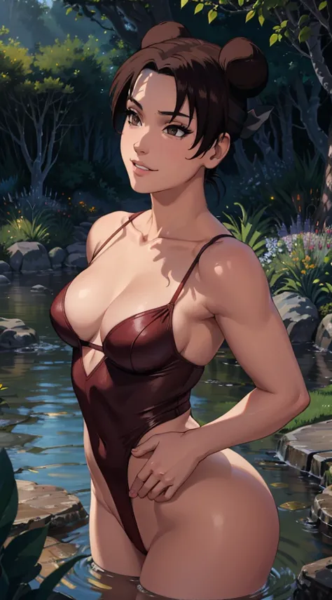 (boobs:1.3), Tenten by Naruto ,  to hide,  cleavage, seductive, Sensual, curvy body, big ass, big , (bikini cow), (( pool))