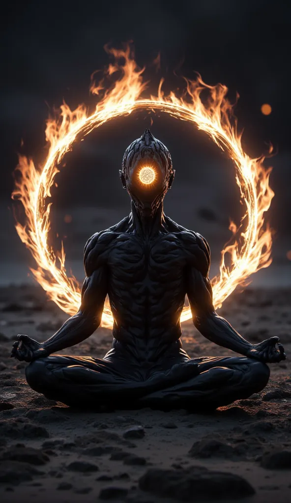 A silhouetted figure sits in a meditative pose on a barren, rocky surface. The figure's head glows with an internal light, and a dynamic ring of fire surrounds them.detailed silhouetted figure,person meditating,glowing internal light,dynamic ring of fire,b...