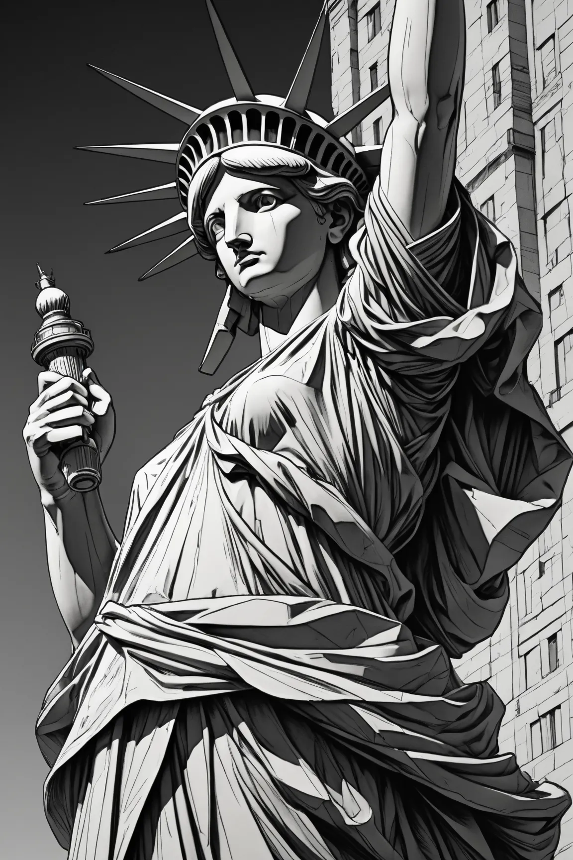 Anime line art, by Naoki Urasawa, Statue of Liberty, sketch, best quality, masterpiece, very aesthetic, perfect composition, intricate details, ultra-detailed, B&W