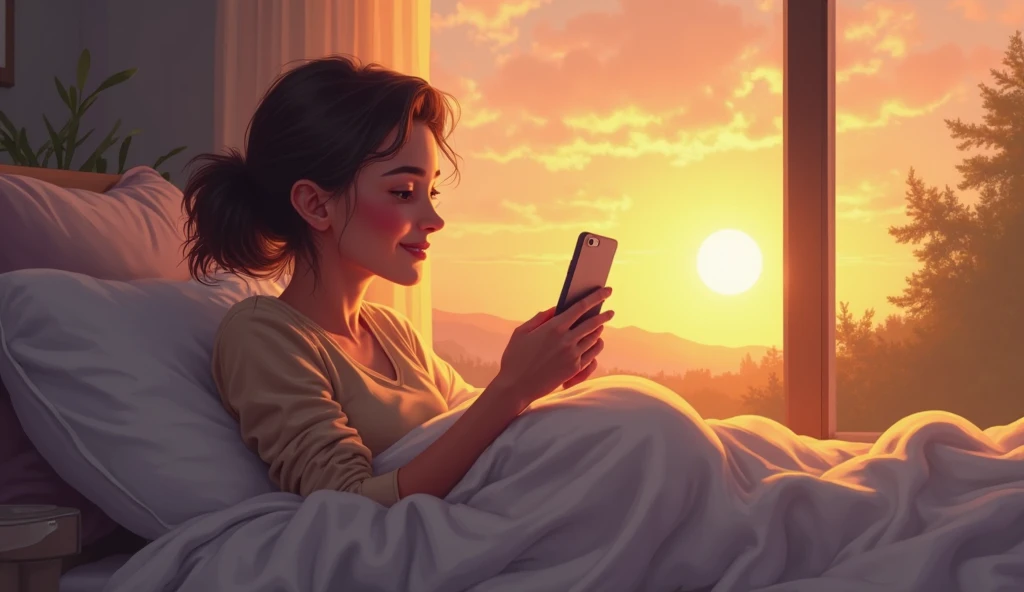 A cozy bedroom in the early morning light, with a person stretching and smiling, looking at their phone with a notification of money received. The window shows a beautiful sunrise with the zodiac symbols subtly glowing in the background. The feeling is one...