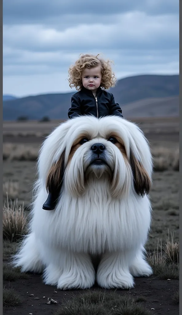 A small  with curly blond hair and fair skin sits confidently on a giant Shih Tzu, positioned further back in the frame. The  wears a sleek black leather jacket, matching black pants, and polished black boots. The Shih Tzu has an enormous, flowing white co...