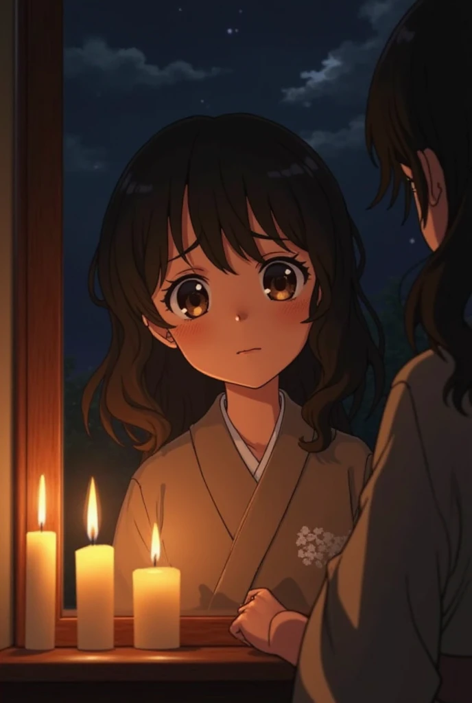  eight years old, wavy black hair at the ends, fair skin, brown eyes.Wearing a brown kimono.it's nighttime and she's in a room illuminated by candles, her face is her eyes so looking through the mirror with her eyes at him.                         Style an...