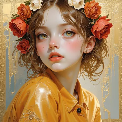  Gold、girls、feminine skin、paint that flows modestly on the bottom of the image, Pioneering, with a charming attitude, good taste for art