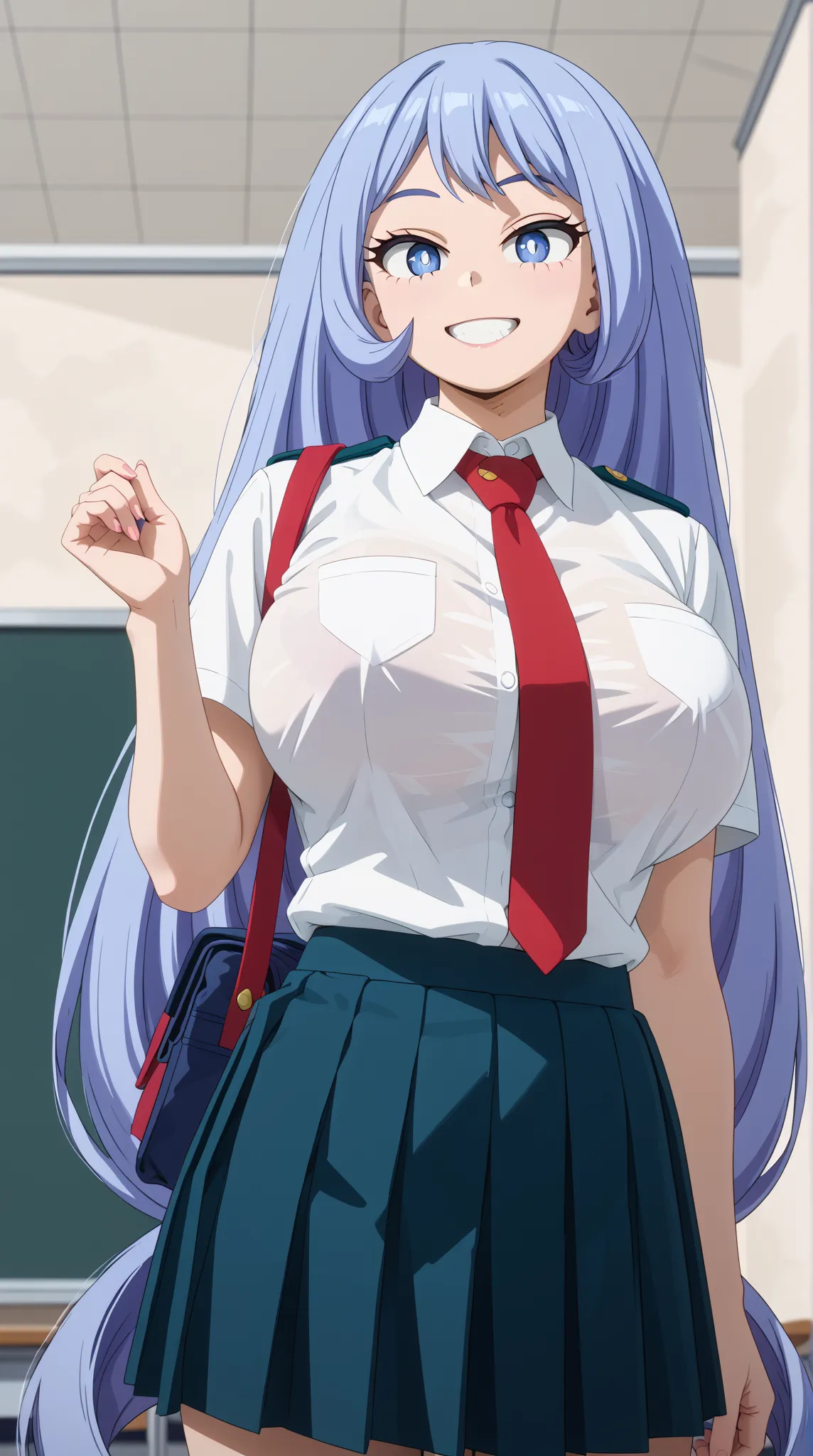 (UHD, retina, masterpiece, accurate, anatomically correct, super detail, high details,   highres, 1080P, 16k、high detail RAW color art:1.3)、 (nejire hadou:1.3)、(blue eyes, blue hair, long hair:1.3)、(very gigantic breasts:1.5)、(shiny skin:1.5)、(necktie, ple...