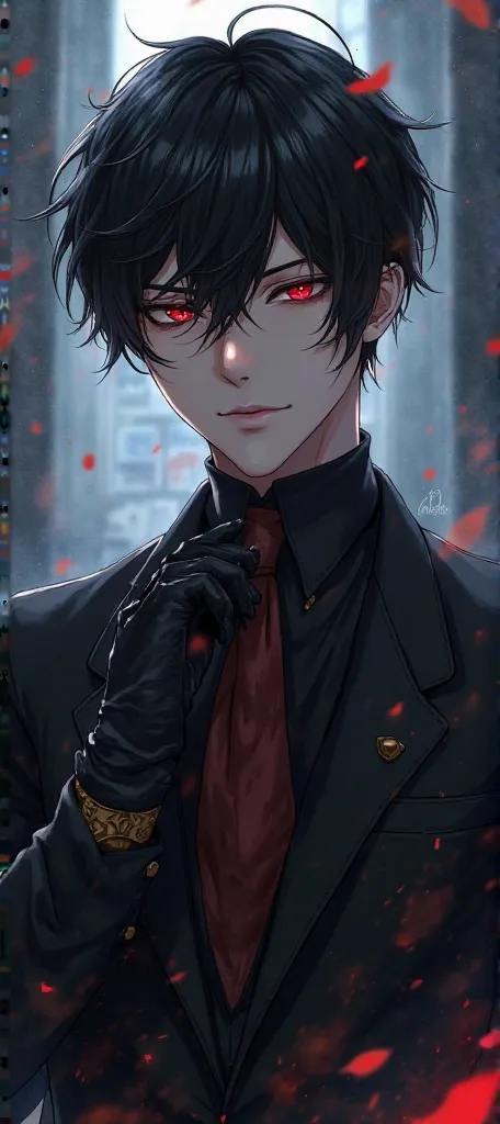 Re-draw This Anime Style With Red-Eyed Black Hair Male Character Wearing Suit Wearing Black Gloves 