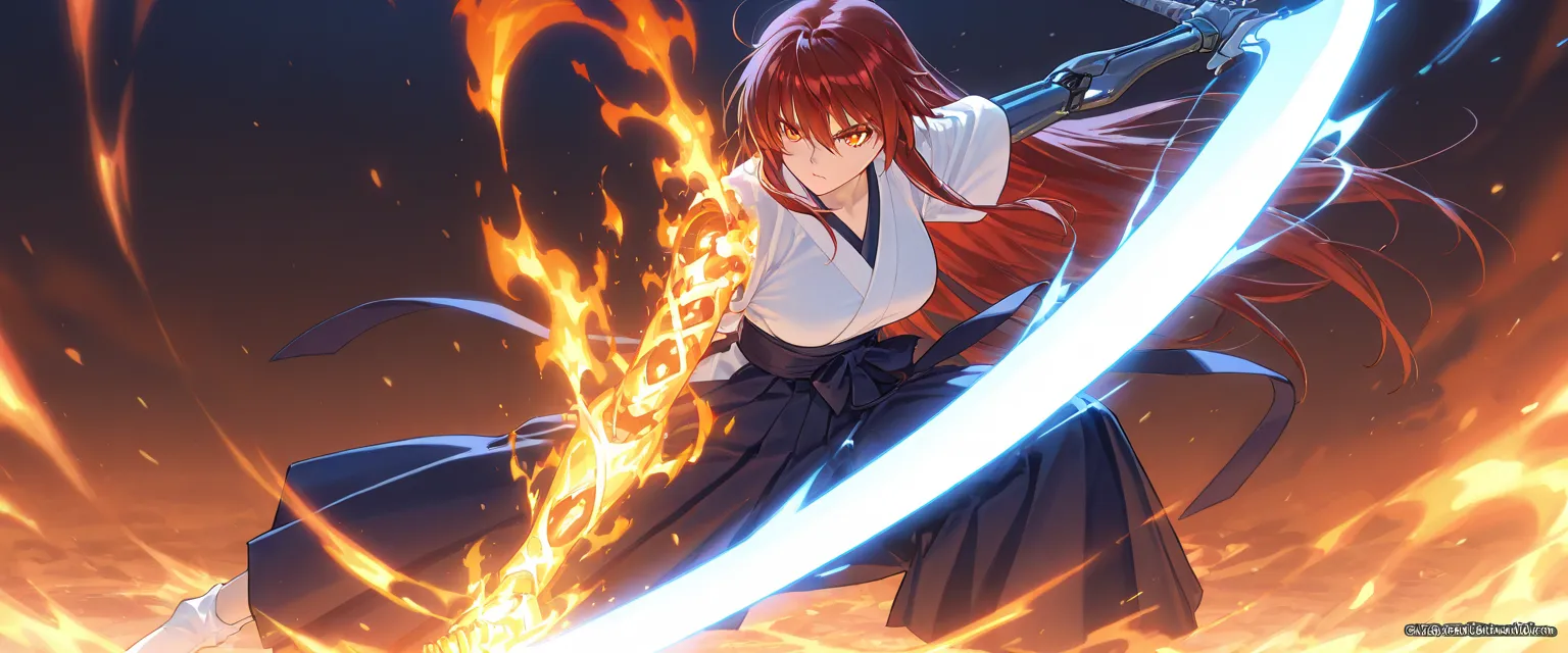 (best quality), high detailed, holding sword, high quality sword, (big weapon), (ignition burn blade:1.2), beautiful blade, (attack stance), action pose, oversized ignition sword, Girl, cyber magic, mechanical arm, burning arm, Slash, serious, hakama, beau...