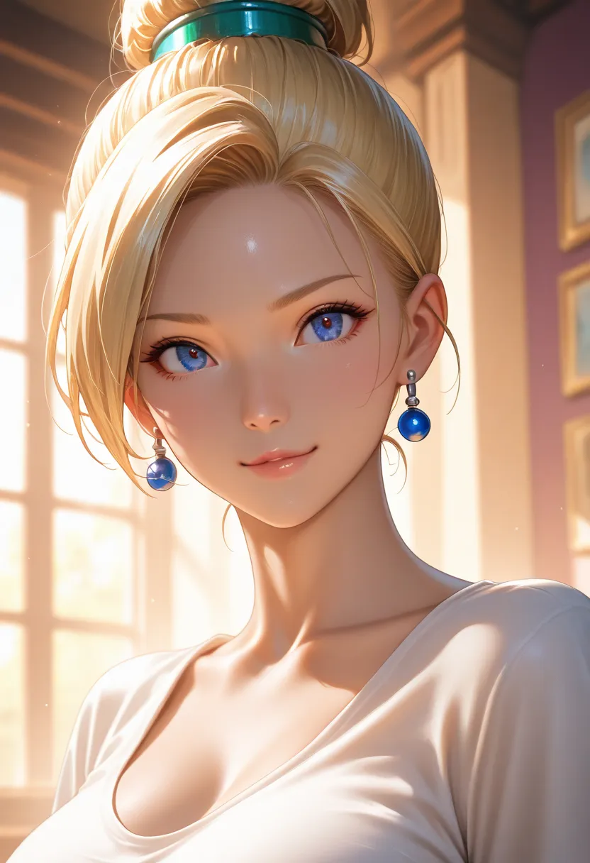 masterpiece, best quality, vibrant, very aesthetic, high contrast, photorealistic portrait,beautiful detailed face,detailed texture,detailed skin, newest, 1girl,Dragon Quest Ⅴ,source_Dragon Quest Ⅴ,Bianca Whitaker,shirt,room