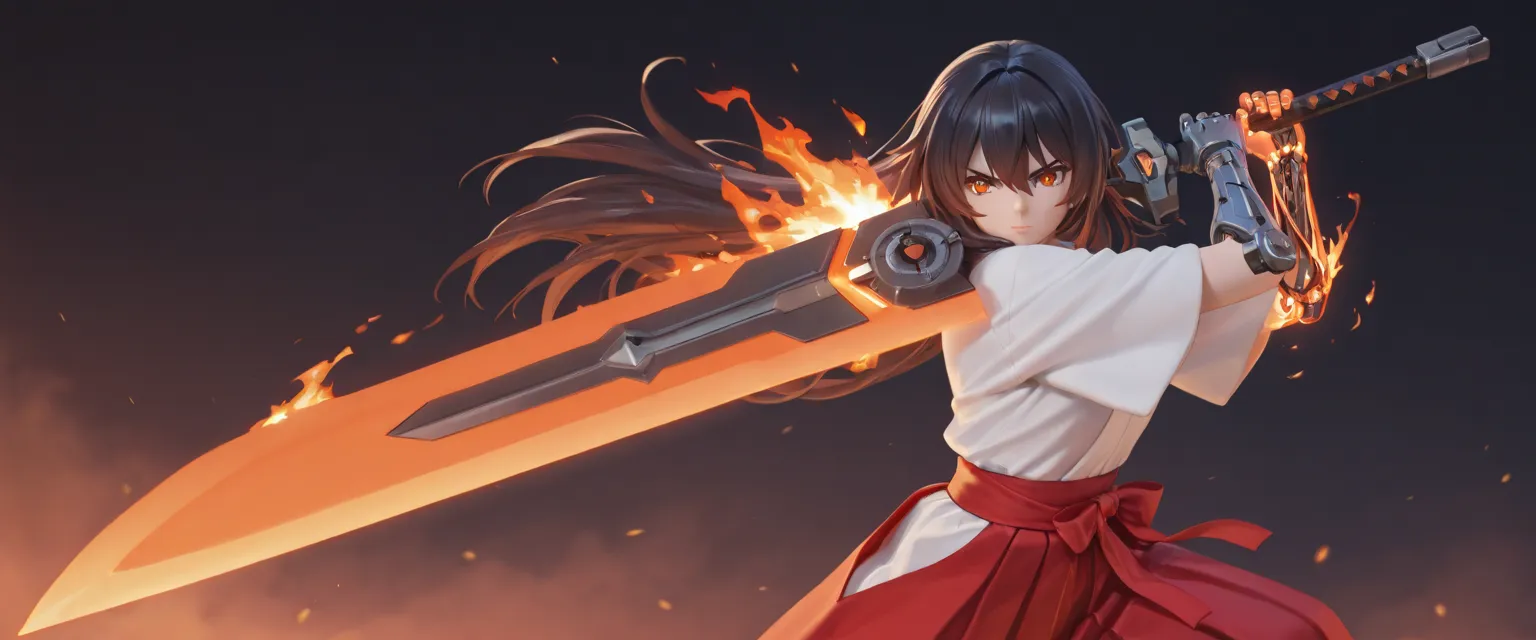 (best quality), high detailed, holding sword, high quality sword, (big weapon), (ignition burn blade:1.2), beautiful blade, (attack stance), action pose, oversized ignition sword, Girl, cyber magic, mechanical arm, burning arm, Slash, serious, hakama, beau...