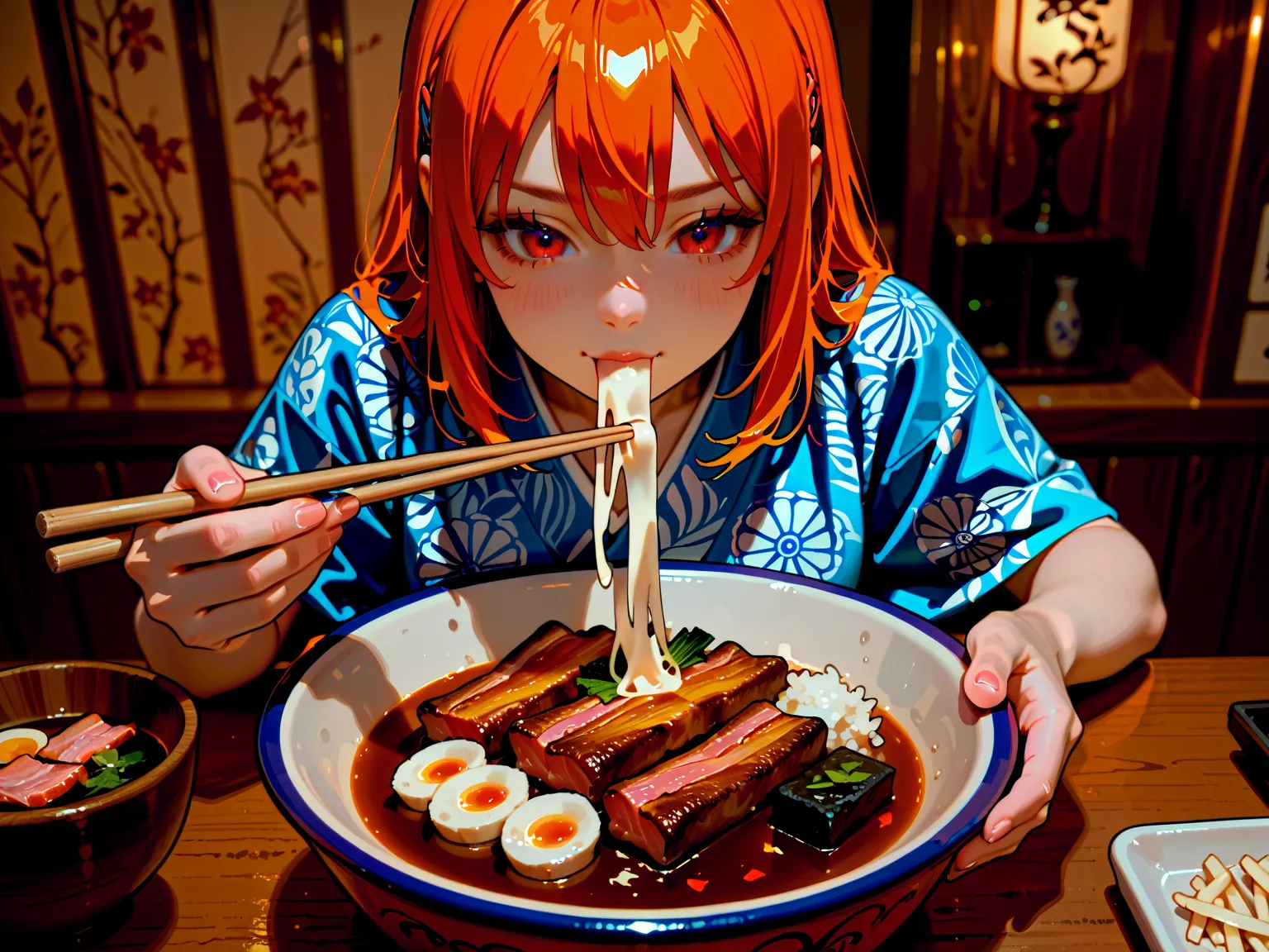 1 girl is eating, a porcelain bowl with a blue pattern、hot々A large serving of white rice、serve beef, ginger, and onions boiled in soy sauce in a tight bowl、miso soup in a cheap wooden bowl、Disposable chopsticks、place incense on a small porcelain round plat...