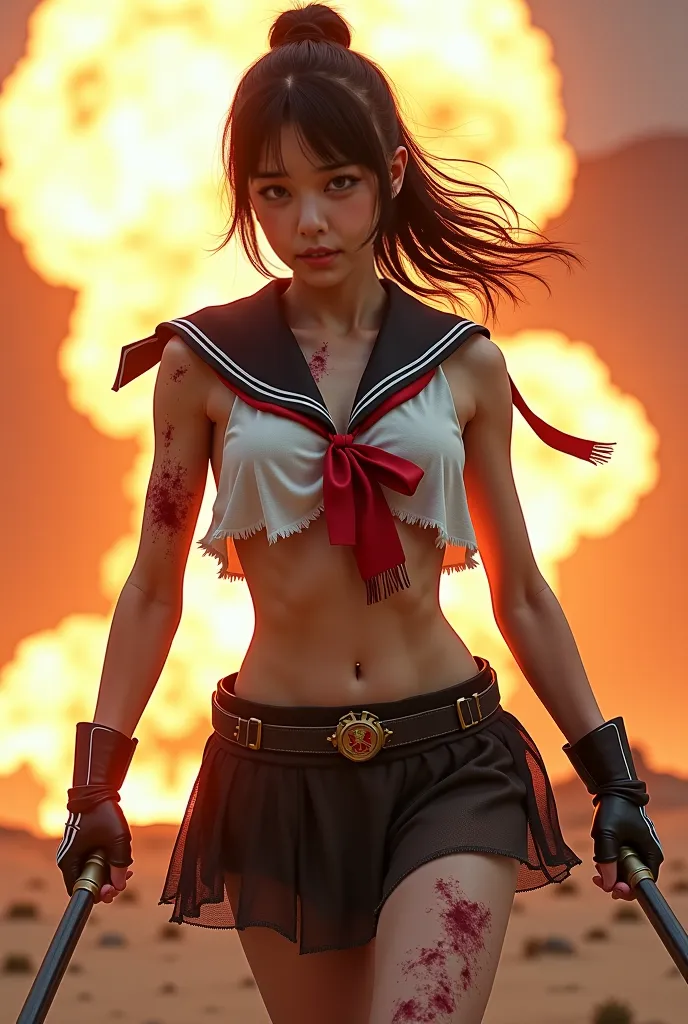 Cute, 20 years old japanese, (((round face:1.8))), beautifulwhite skin, (high res), (very detailed), (beautiful, Something spectacular), (very detailed), detailed face, Draw the whole body, Fight the enemy, (Withstands eXplosions), desert, High Definition ...